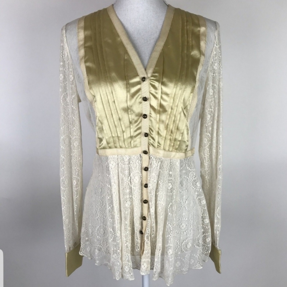 SUNDANCE CATALOG GOLD CREAM LACE SATIN BLOUSE